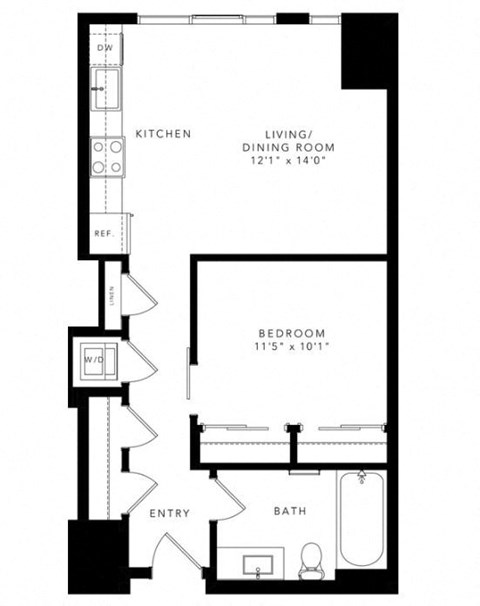 Floor plan for 1 bed, 1 bath, 644 sqft